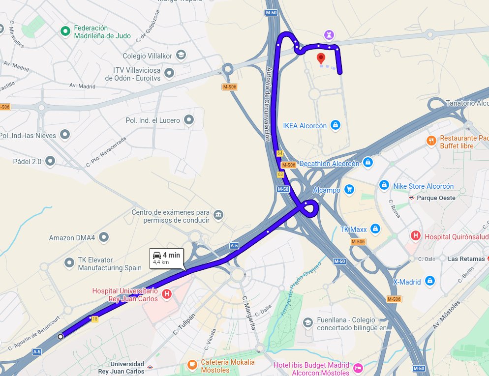 Route from the M-50 highway to the business in Google Maps